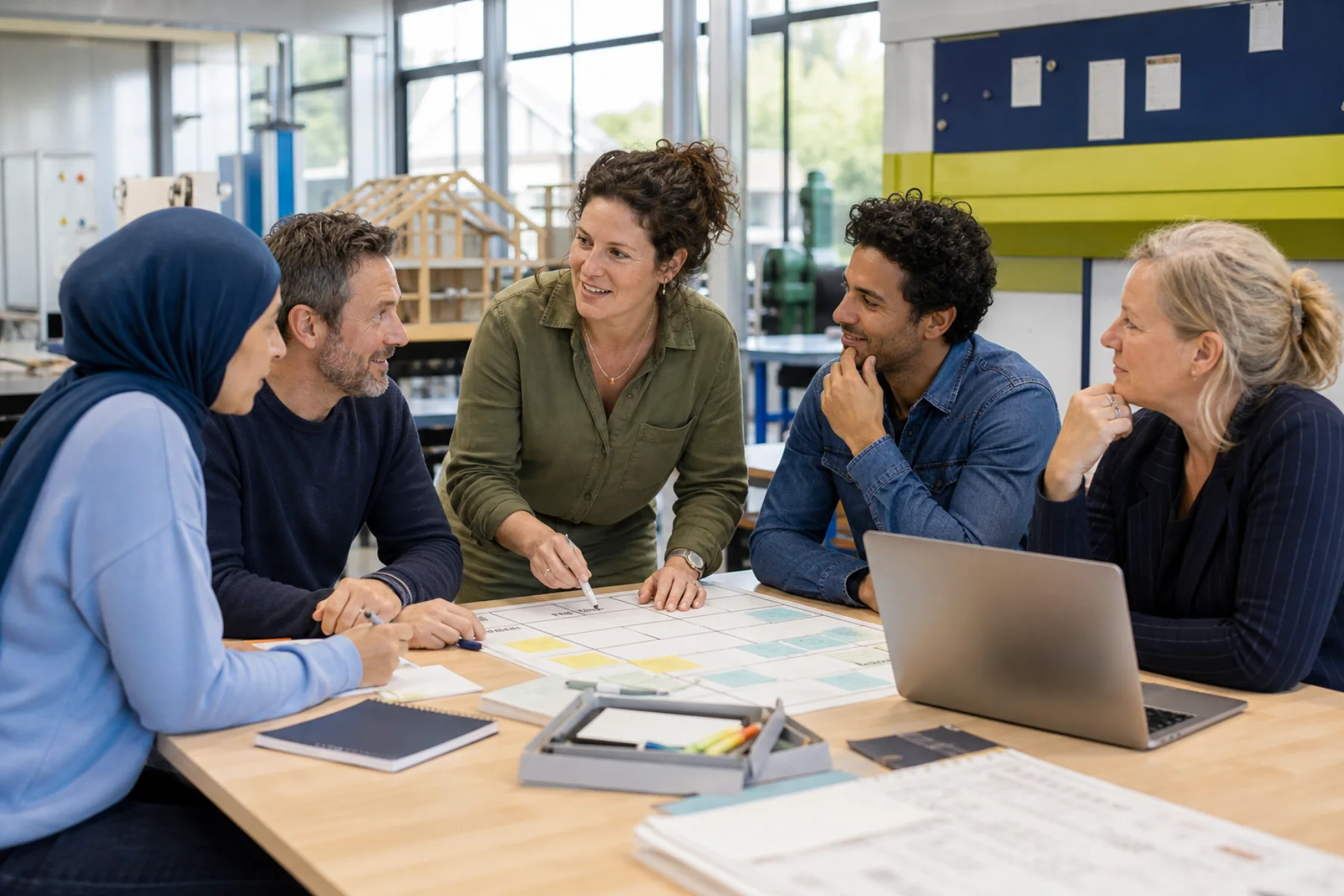 Een mbo-onderwijsteam bespreekt samen een verbeterplan in een praktijkruimte